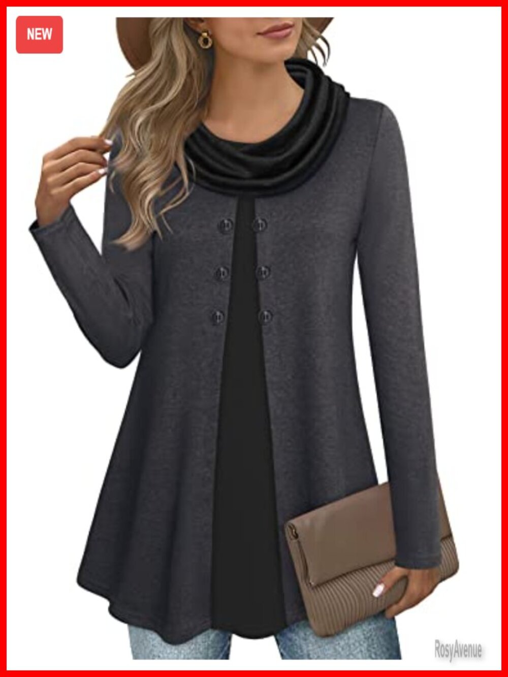 Long Sleeve Cowl Neck Tunic Top with Button Detail A-Line Warm